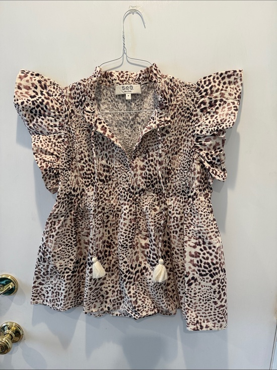 Sea Tops - Sea Cream and Brown Leopard Print Ruffle Sleeve Tunic